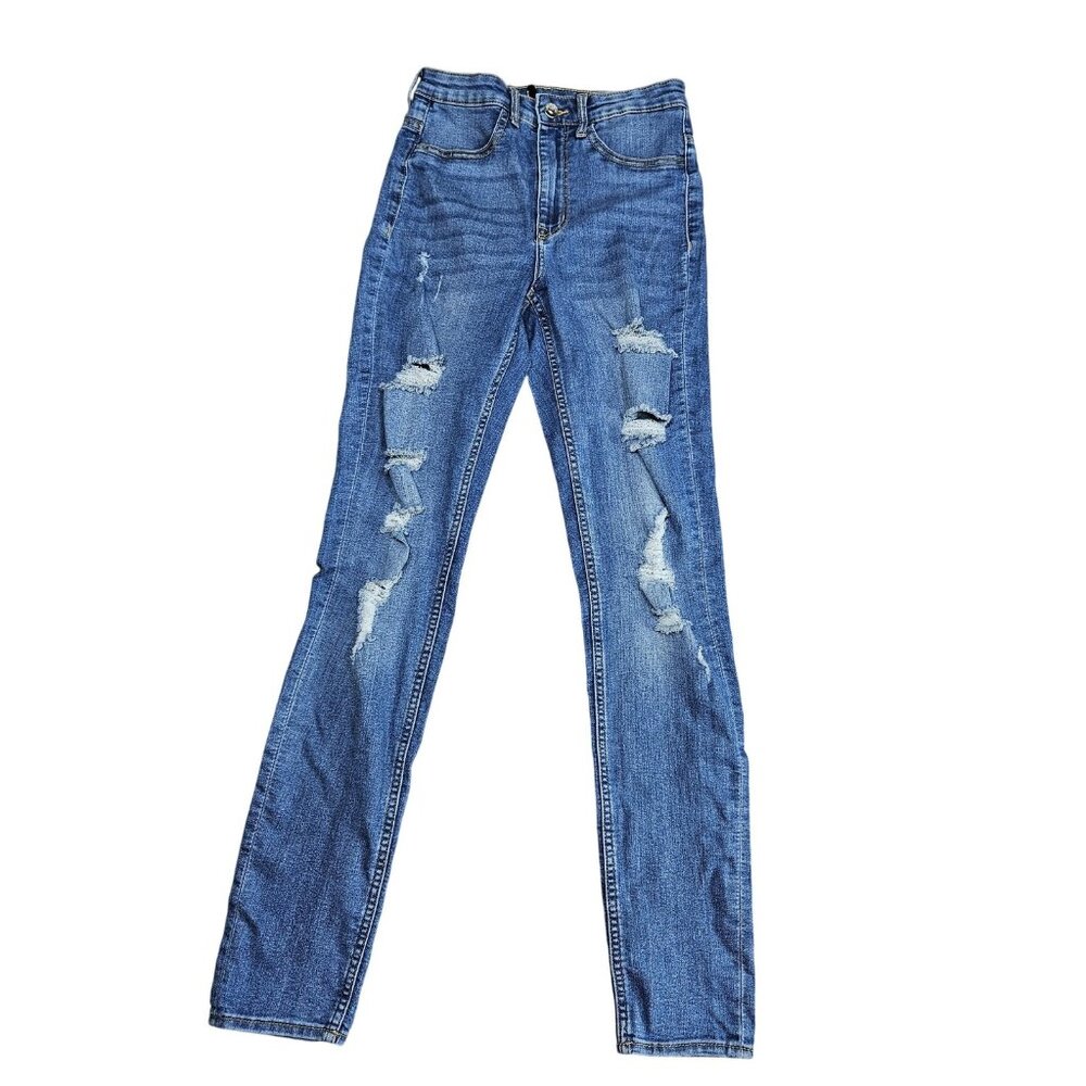 H&M High Rise Skinny Jeans Womens 4 Blue Medium Wash Distressed Stretch Denim